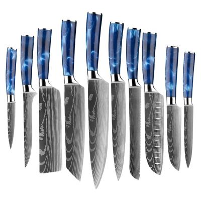 China Hot Viable Luxury Chef Knives 10pcs Japanese Damascus Laser Damascus Pattern Sashimi Stainless Steel Kitchen Knife Sets With PP Sheath for sale