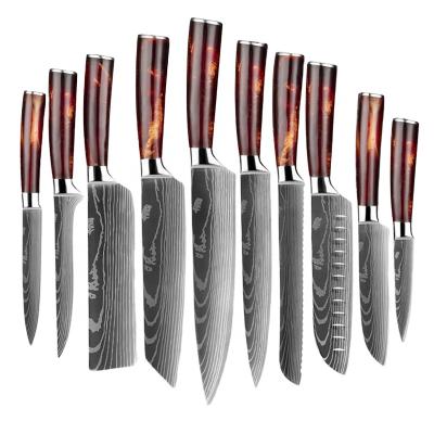 China Viable Luxury Elegant Japanese Chef Knives 10pcs Sushi Nakiri Damascus Laser Pattern Stainless Steel Kitchen Knife Sets With PP Sheath for sale