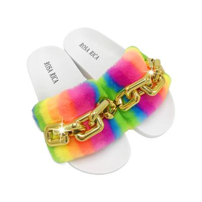 China 2021 Fashion Trend Designer Fashion Plush Women Fur Slides Slippers Rainbow Plush Chain Flat Slippers For Ladies 2021 for sale