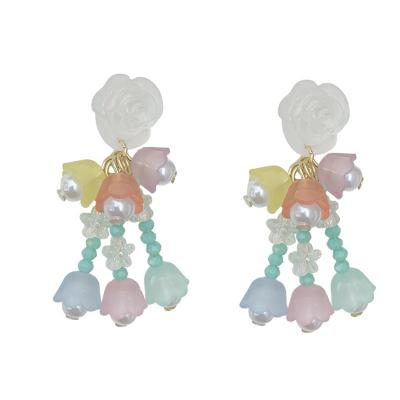 China GC220019 Romantic French Dangle Earrings Design Flower Camellia Bell Blue Crystal Tassel Earrings Design Flower Pendant Jewelry for sale