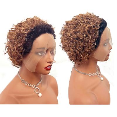 China Pixie Curls Hair Brazilian Afro Curls Ombre Color 1b/30 Pixie Cut Short 13x1 Lace Front Bob Wig Pixie Cut Curly Wigs For Black Women for sale