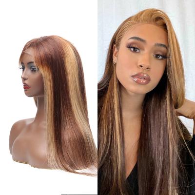 China Silky Straight 4*4 Color Honey Blond Human Hair Wigs 4X4 Ombre Straight Highlight Lace Front Wigs Piano Color Lace Front Wig for sale