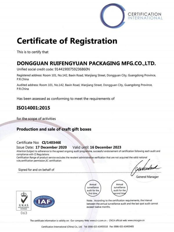 ISO14001 - Dongguan Ruifengyuan Packaging Mfg. Co., Ltd.