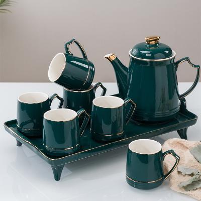 China AL New Arrival Green Gold Rim Six Cups And Tray Viable Ceramic Tea Sets With Teapot For Gift for sale