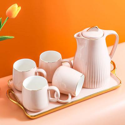 China AL New Arrival Nordic Luxury 6pcs Viable Ceramic Coffee Tea Set With Gold Decor Ceramic Teapot And Cup Set for sale