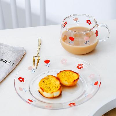 China 2020 Viable Double Wall Style INS AL Insolate Coffee Glass Tea Mug Set With Plate Flower Design for sale