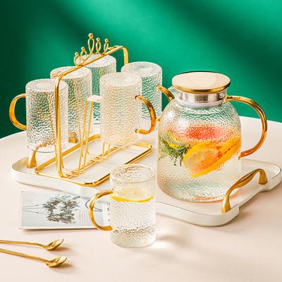 China AL Ins Style Home Use Set Cold Water Kettle Drinking Glasses Cup Storage Potable Glass Bottles Set With Tray for sale