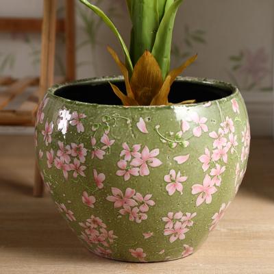 China Simply Home Decoration Flower Pots Flower Pattern Porcelain Plant Antique Green Glazed Succulent Pot for sale