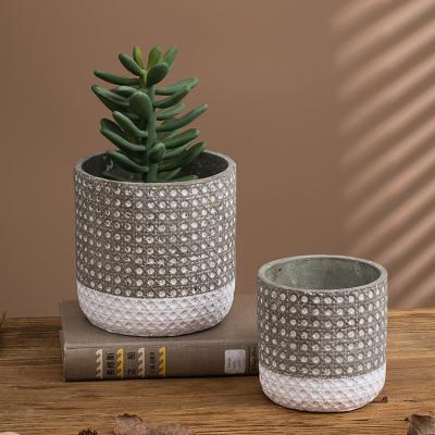 China Simply Wholesale Cheap Price Flower Pots Design Cement Cactus Plant Gray Engraved Pots For Office for sale