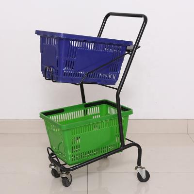 China Smart Convenience 2-Tier Design For Japanese Medium Store Baskets Double Supermarket Shopping Carts Trolley for sale