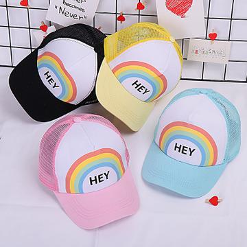 China Customized COMMON Rainbow Snapback Pride Bright Mesh Rainbow Stripes Logo Promotion Fashion Gifts Snapback Trucker Hat For Kids Children for sale