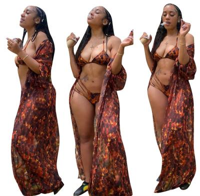 China Sexy Summer Women Clothing Breathable 3 Piece Swimsuit Set African Print Bikini With Mesh Cover Ups for sale