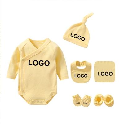 China Breathable Accept Customization 6 Pieces Set White Embroidery Baby Sleeve Baby Bib Along Hat Newborn Infant Gloves Rompers for sale