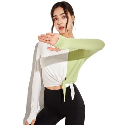 China Breathable Gym Plus Size T-Shirts Sportswear Color Stitching Oversized Yoga Wear Top Women Long Sleeve Strapless Fitness Wear for sale