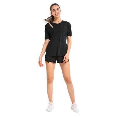 China New Women's Sports Quick-drying Breathable Running Top Breathable Loose Thin Split Yoga Top for sale