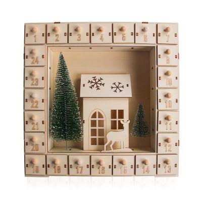 China Advent wooden calendar led new design square elks lit christmas tree led christmas advent wooden calendar for sale