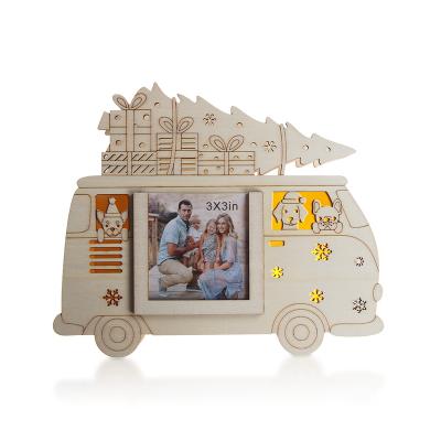 China Christmas Artwork Christmas Desktop Decoration Truck Shaped Wooden LED Picture Photo Frame for sale