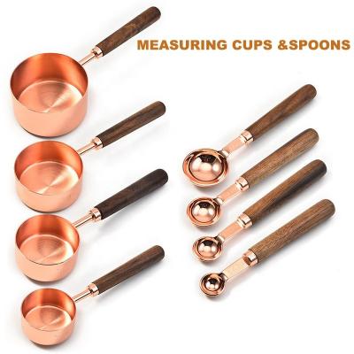 China Sustainable Powder Liquid Available With 430 Scale Rose Gold Measuring Spoons And Stainless Steel Cups Set With Walnut Wood Handle for sale