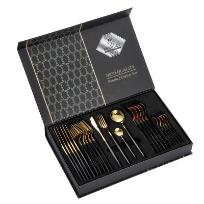 China Viable Luxury Portuguese Cutlery Set With Gift Box Black With Gold 24pcs Stainless Steel Flatware Set With Case for sale