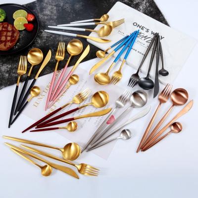 China Nodic Stainless Steel Cutlery Flatware Stocked Commercial Portuguese Matte Gold Colored Silverware Spoon Fork Knife Set for sale