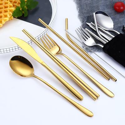 China Viable Reusable Canvas Bag Outdoor Cutlery Set Stainless Steel Spoon Fork Knife Drinking Straw 6 Pieces Flatware Set for sale