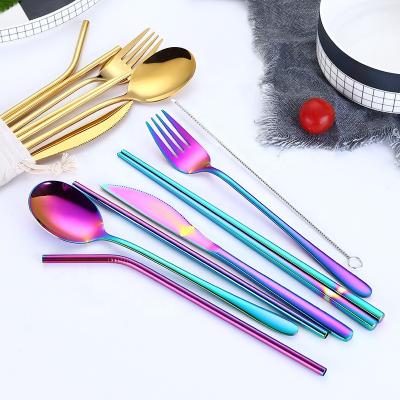 China Viable Camping Cutlery Set Knife Portable Fork Spoon Chopsticks Stainless Steel Travel Drinking Straw 7 Pieces Flatware Set for sale