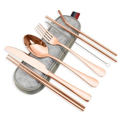 China Stocked Portable 7 Pieces Stainless Steel Flatware Set With Chopsticks And Straws Set Bag Nonwoven Fabric Bag Set for sale