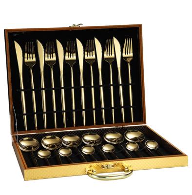 China Sustainable High Grade Wedding Portugal Stainless Steel Luxury Flat Dinnerware 24 Pieces Flatware Set With Gold Color Gift Box for sale