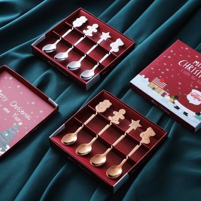 China Fancy Stocked Design 4pcs Stainless Steel Spoon Handle With Cute Christmas Pattern Design Tea Spoon Coffee Spoon Gift Set for sale