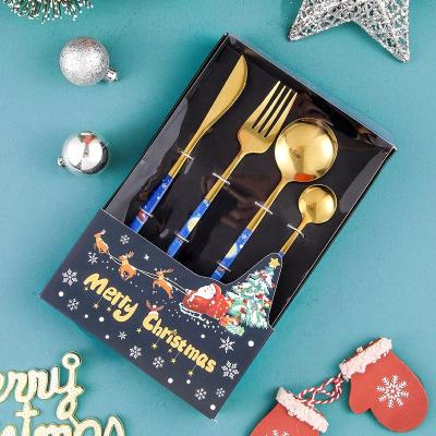 China Viable Christmas Gift Set Stainless Steel 4 Piece Cutlery Set With Portuguese Christmas Style Gold Plated Spoon Fork Knife Set for sale