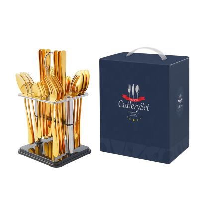 China New Viable Packing 24 Piece Stainless Steel Cutlery Set With Rack Amazon Gift Box Set Gold Plated 1010 Flatware Set for sale