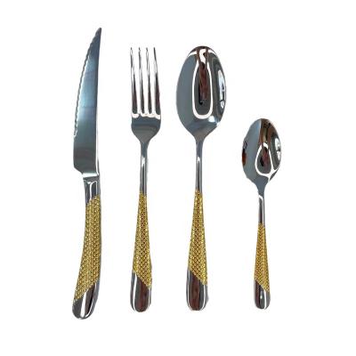 China Luxury Mirror Stocked Polished Partial Gold Plated Stainless Steel Cutlery Set Wedding Hotel Restaurant Flatware Set for sale