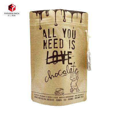 China Moisture Proof Eco Friendly Biodegradable Kraft Paper Bag Zipper Packaging Chocolate Stand Up Pouch With Label for sale