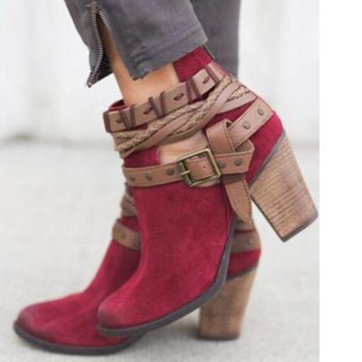 China New Fashion Trend Style Ladies Boots Short Thick Heel Rivet Belt Buckle Boots High Heel Round Toe Women Boots for sale