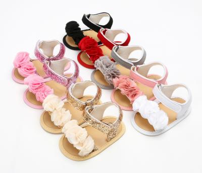 China Newborn Infant Summer First Walker Babies Sandals Toddler Leather Flower Kids Prewalker Shoes PU Flat Barefoot Soft Sole for sale