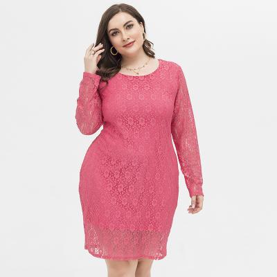 China 2021 new size Anti-wrinkle women's long sleeve slim wrap hip plus fashion pure color lace plus size dress for sale