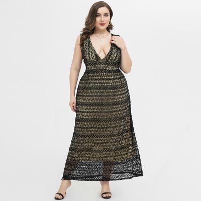 China 2021 European and American border dress European and American V long plus-size lace dress anti-wrinkle deep dress for sale