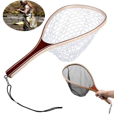 China Multifilament Fly Net Wood Rubber / Nylon Landing Trout Mesh Fish Catch Release Scoop Grip Fish Landing Handle Fishing Tool for sale