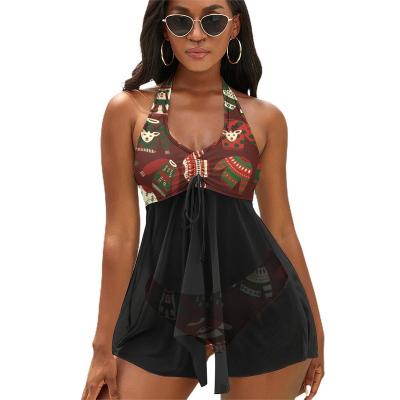 China 2022 Breathable Sexy Hang Neck Womens Bikini Plus Size Patchwork Printing Two Piece Swimsuit for sale