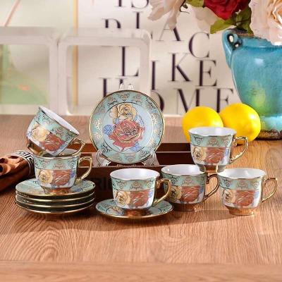 China 12PCS Sustainable Aarabic Coffee Ceramic Cup Set Logo Custom Porcelain Coffee Cup And Saucer With Gold Printed Cup for sale