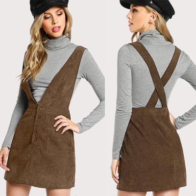 China Autumn Design Crisscross Buttoned Plunge Pinafore Corduroy Dress for sale