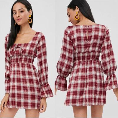 China Womens Apparel Square Neck Checked Mini Empire Waist Dress for sale