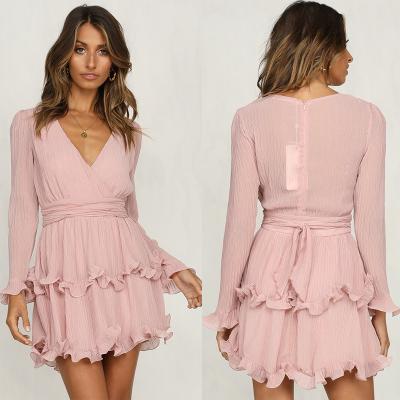 China Fashion women Long Sleeve V neck Pink Vintage Dress for sale