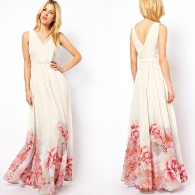 China Elegant V Neck Sleeveless Floral Printed Maxi Bohemian Woman Dress for sale