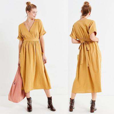 China Latest Gold Linen Maxi Long Wrap V-neck Woman Dress with Pockets for sale