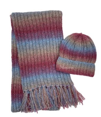 China Long New 2022 Gradient Rainbow Tie Dyed Scarf Mohair Knitted Hat Scarf Two Piece Set for sale