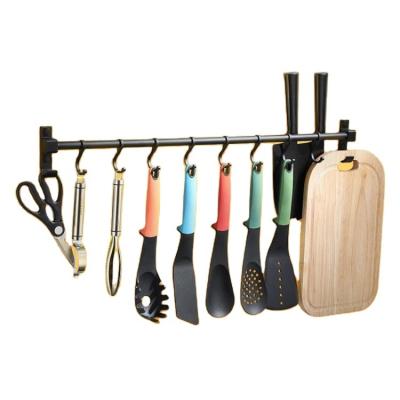 China Luxury Black Aluminum Kitchen Rack Hook Stocked Rod Wall Mounted Kitchen Storage Hanging Rack for sale