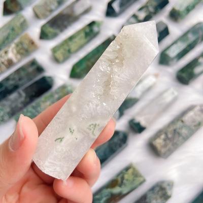 China 2022 Donghai Hot Selling Donghai Top Grade Green Moss Agate Crystal Energy Healing Point Tower Crystal Crafts for sale