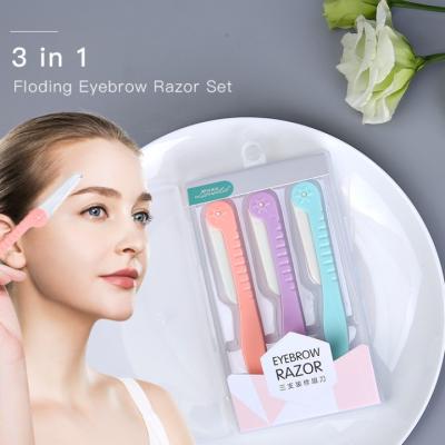 China Lameila Logo Eyebrow Razor Foldable Eye Brow Razor Trimmer 3pcs Stainless Steel Custom Wholesale Plastic Foldable Eyebrow Razor Set A0369 for sale