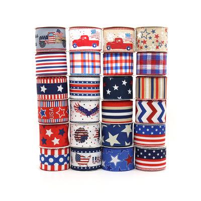 China Patriotic High Tenacity Stars Stripes Wired Edge Ribbon Printing Customized Patriotic Satin Grosgrain Flag Ribbon For Holiday Craft Decoration for sale